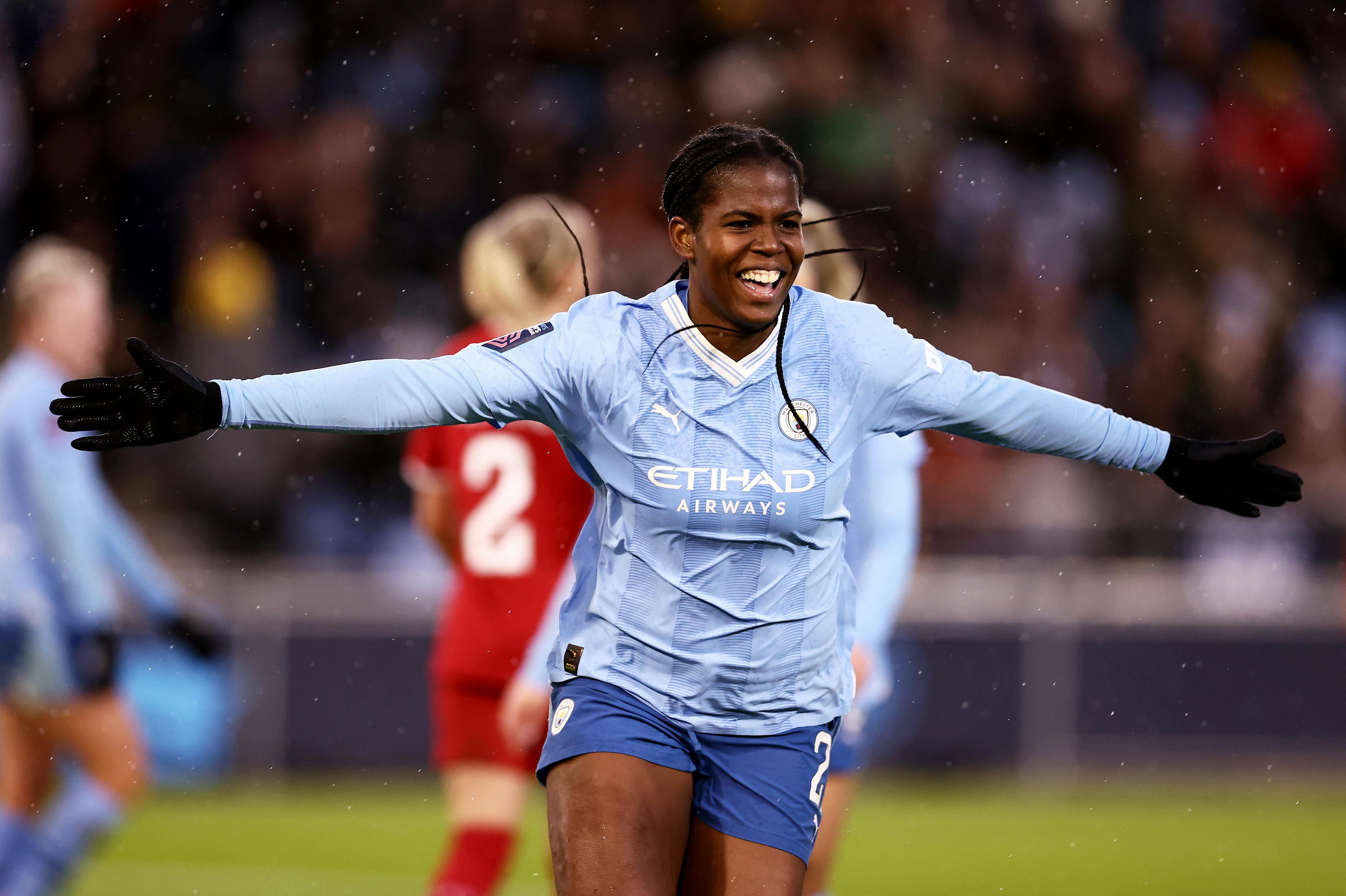 Khadija (Bunny) Shaw celebrates after scoring against Liverpool on 21 January 2024